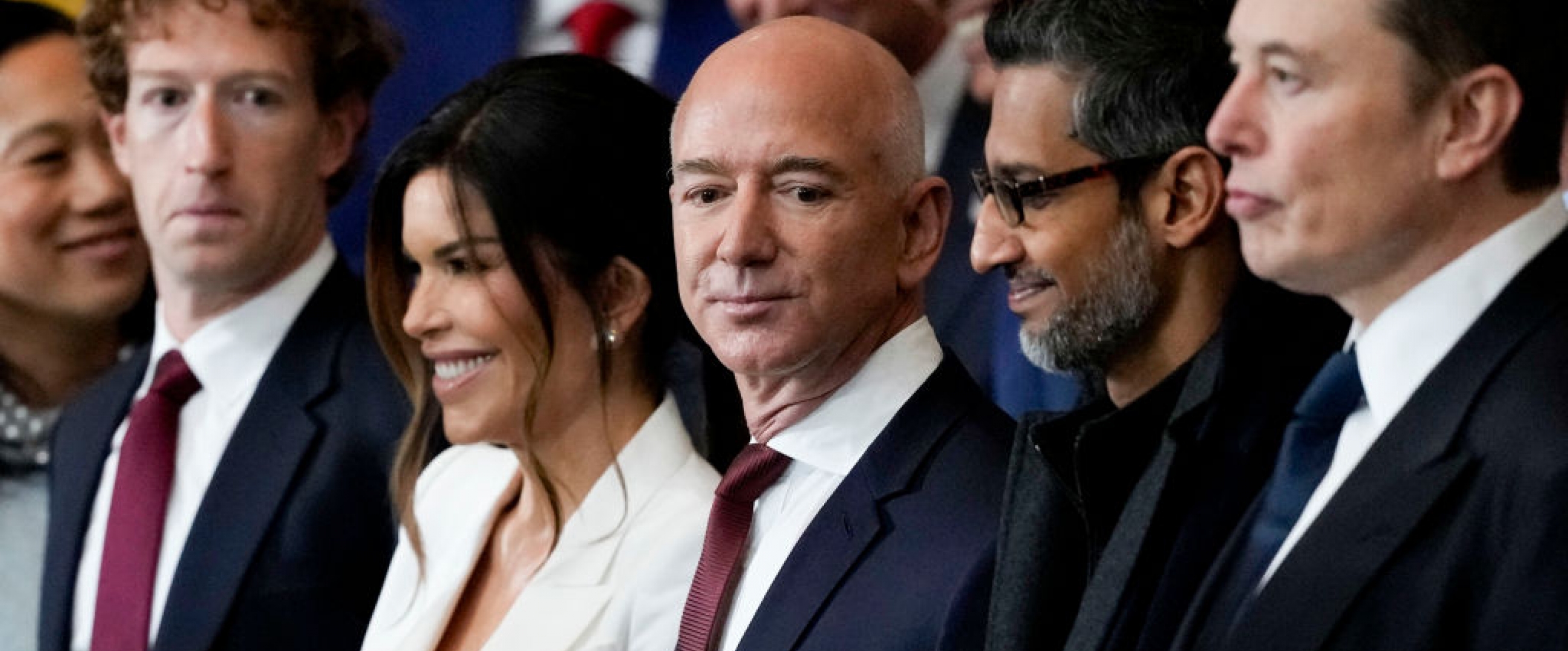 Mark Zuckerberg, Lauren Sánchez, Jeff Bezos, Sundar Pichai, and Elon Musk at the 2024 Inauguration of Donald Trump as U.S. President