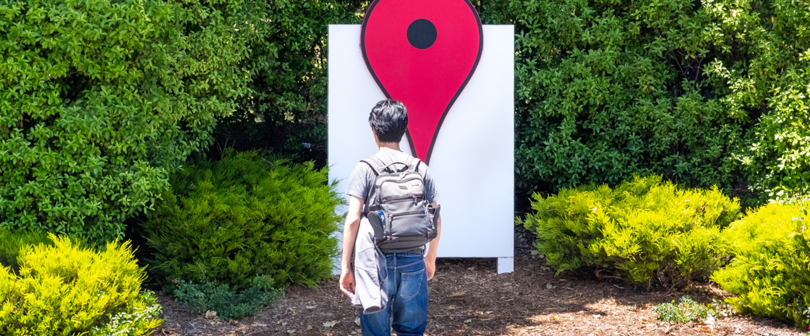 June 4, 2019 Mountain View / CA / USA - The Google Maps Icon near their offices in the Google campus (Googleplex) in Silicon Valley; employee crossing the street; south San Francisco bay area